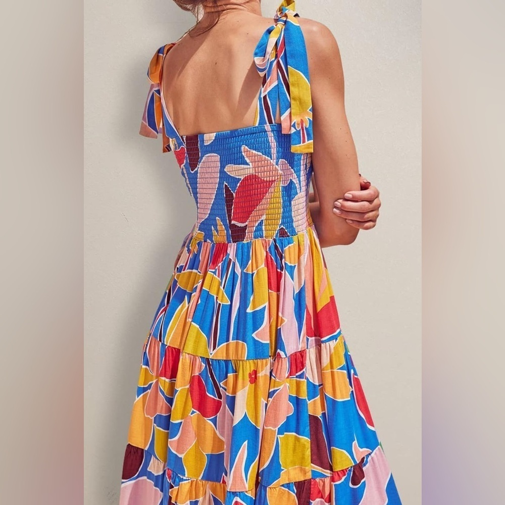 Women's Blue Multicolor Floral Smocked Ruffle Tiered A Line Maxi Dress Size L - Picture 2 of 7
